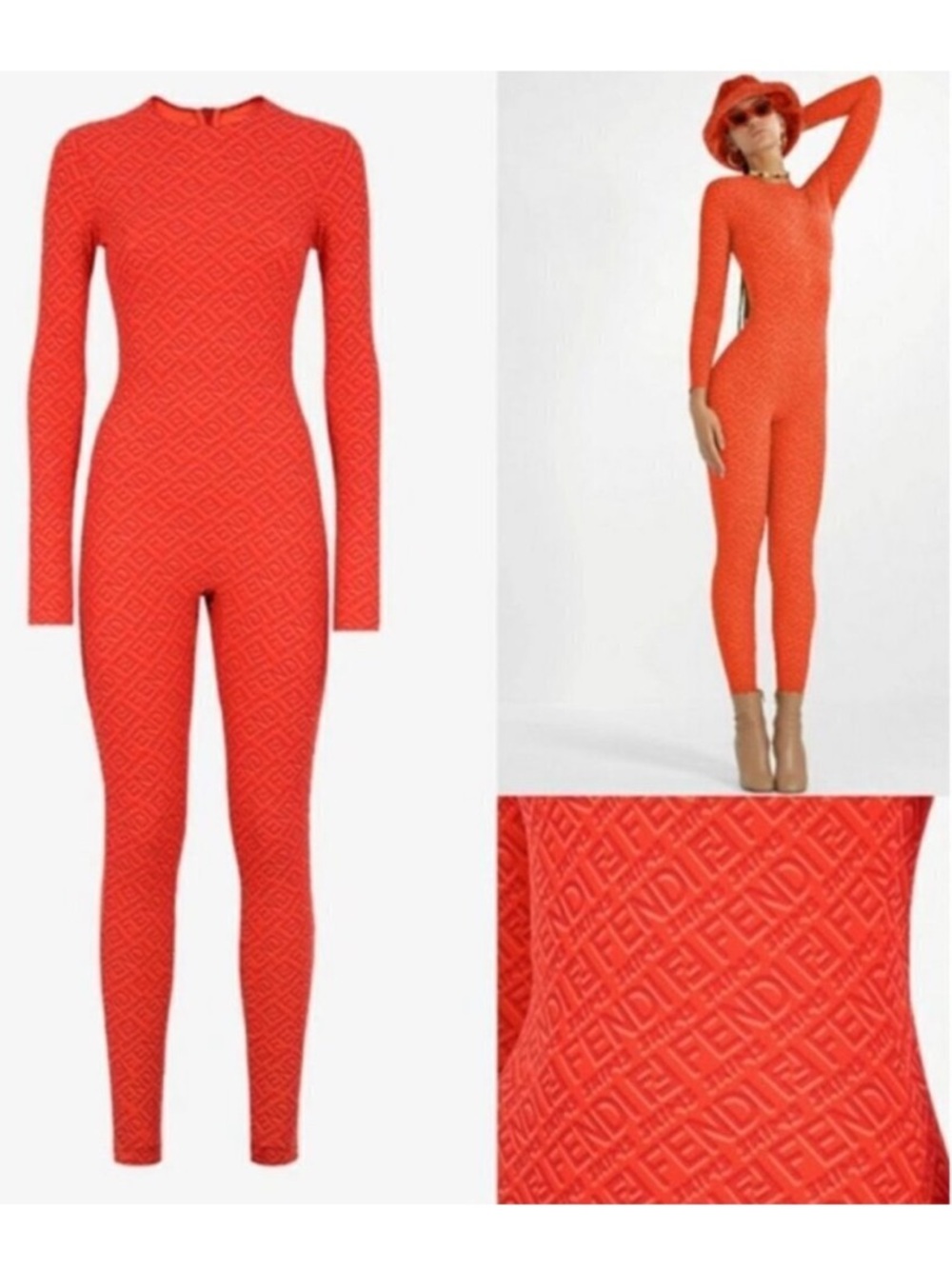 Fendi x Skims Red Logo-Embossed Long-Sleeve Jumpsuit